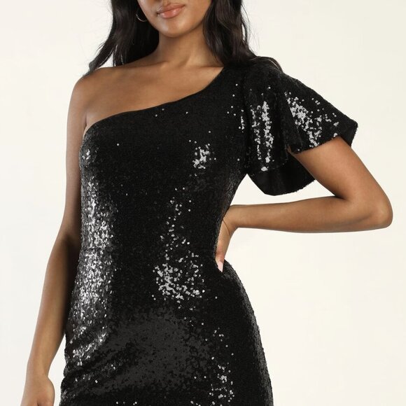 NWT Lulus Shimmering Star Black Sequin One-Shoulder Flutter Sleeve Dress (sz SM) - Picture 1 of 9